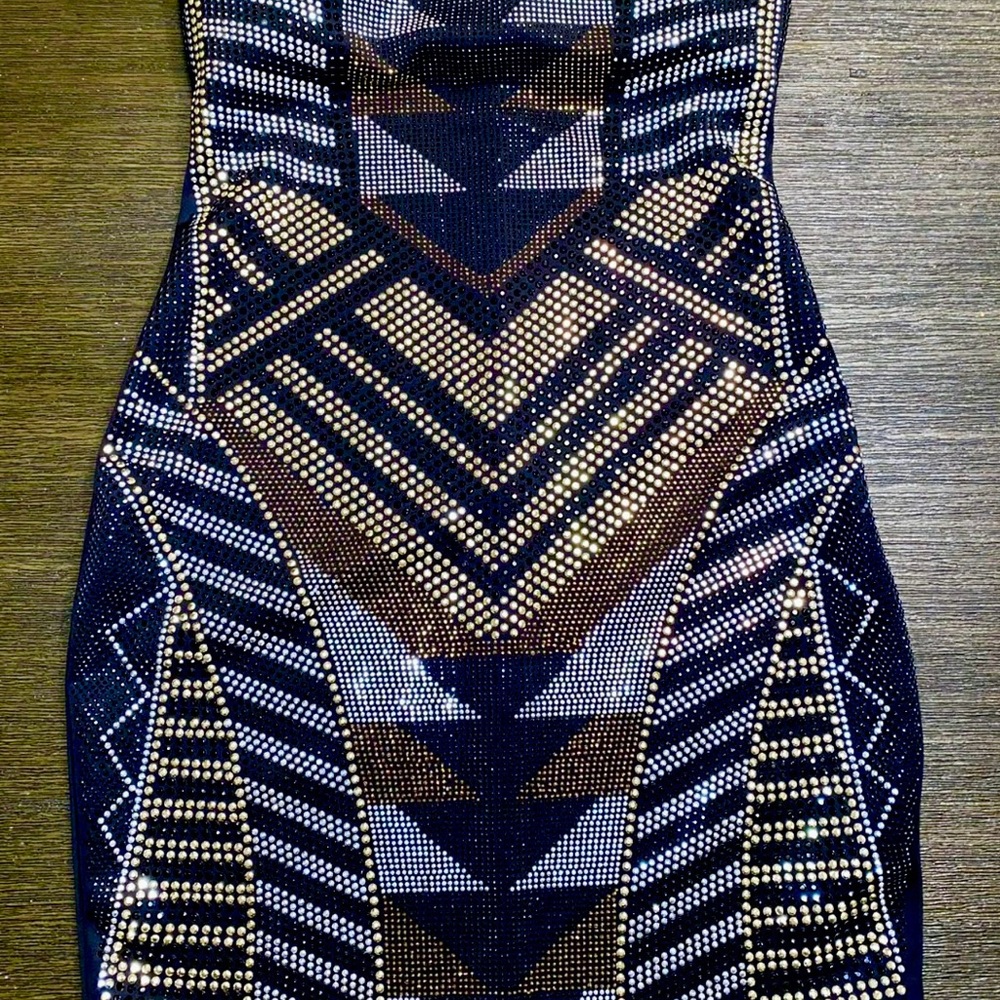 Crystal Doll Strapless Dress -Black, Silver and Gold Studded/ Geometric Size S - Picture 3 of 7